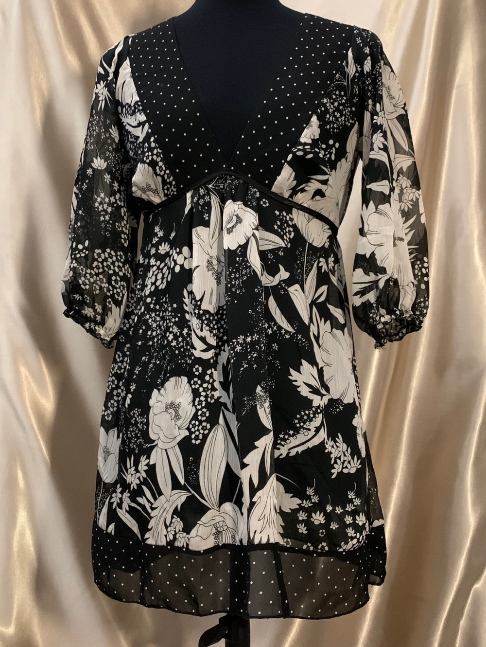 VTG Forever 21 Black White Chiffon Floral Polka Dot Tie Back Babydoll Top Sheer